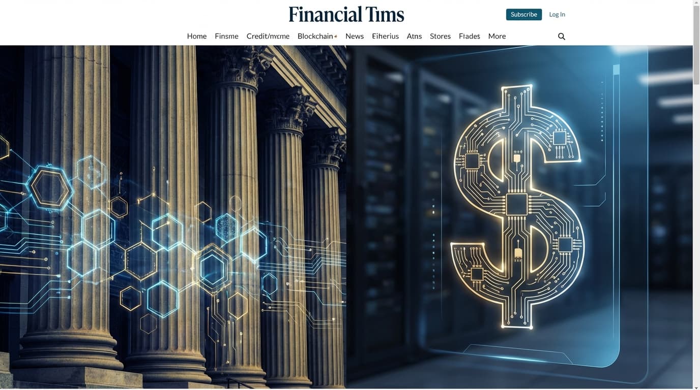 Bank building with digital stablecoin symbols representing crypto banking integration