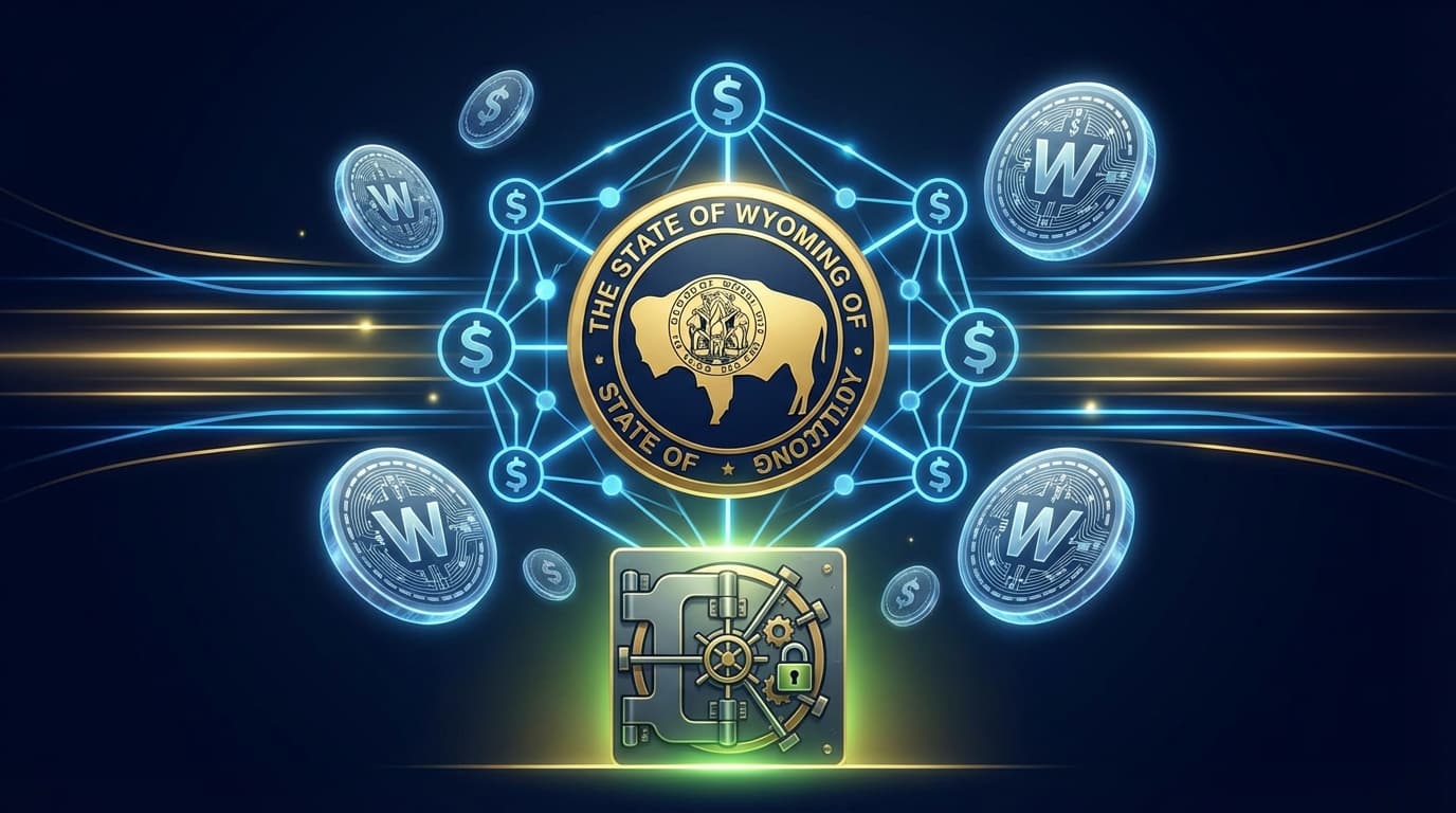 Wyoming state seal with digital stablecoin tokens representing first state-issued cryptocurrency