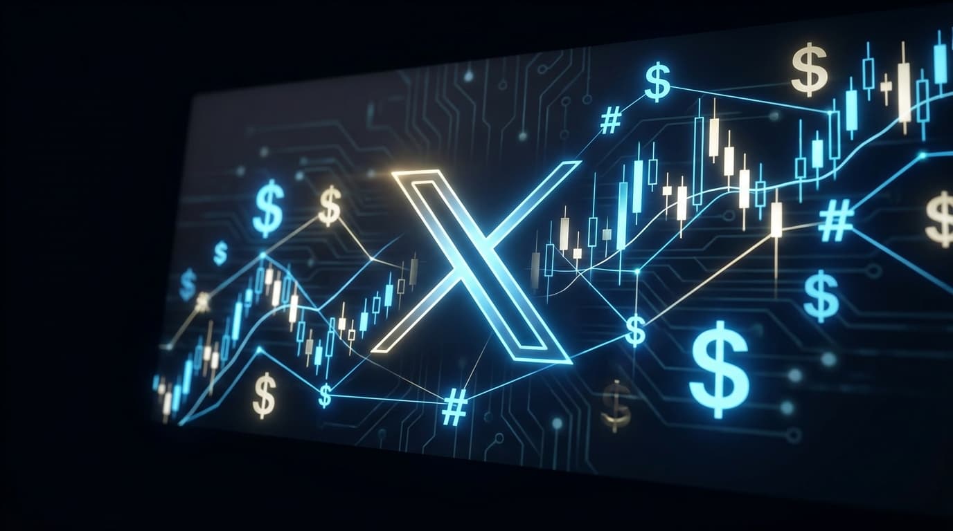 Illustration of X platform with cryptocurrency trading interface and Smart Cashtags feature