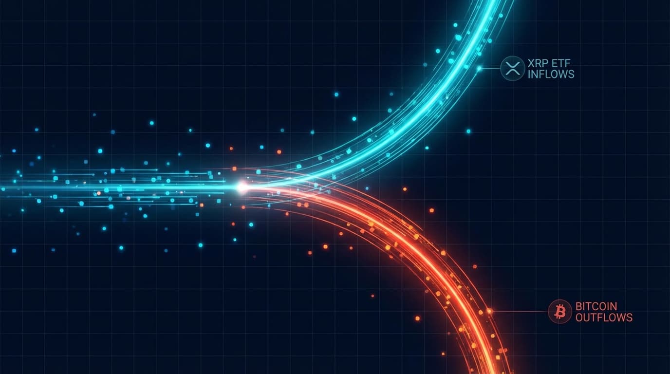 Chart showing XRP ETF inflows contrasted against Bitcoin outflows during market downturn