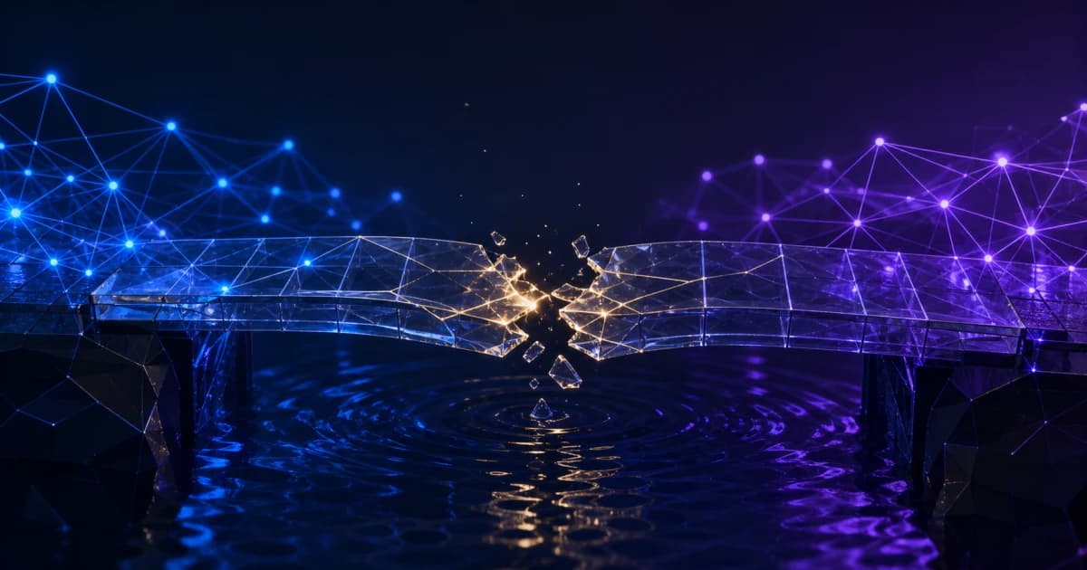 A fractured translucent bridge between blue and purple blockchain nodes with a disrupted stablecoin liquidity pool