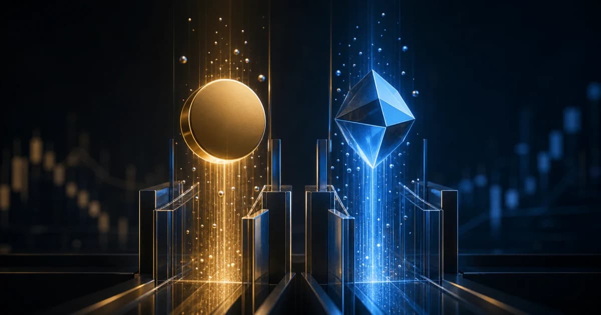 Bitcoin and Ethereum symbols entering two institutional ETF flow channels