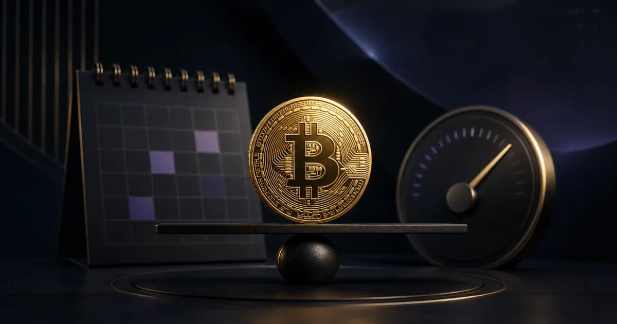 A luminous Bitcoin coin balanced before a dark financial calendar and a subtle interest-rate dial