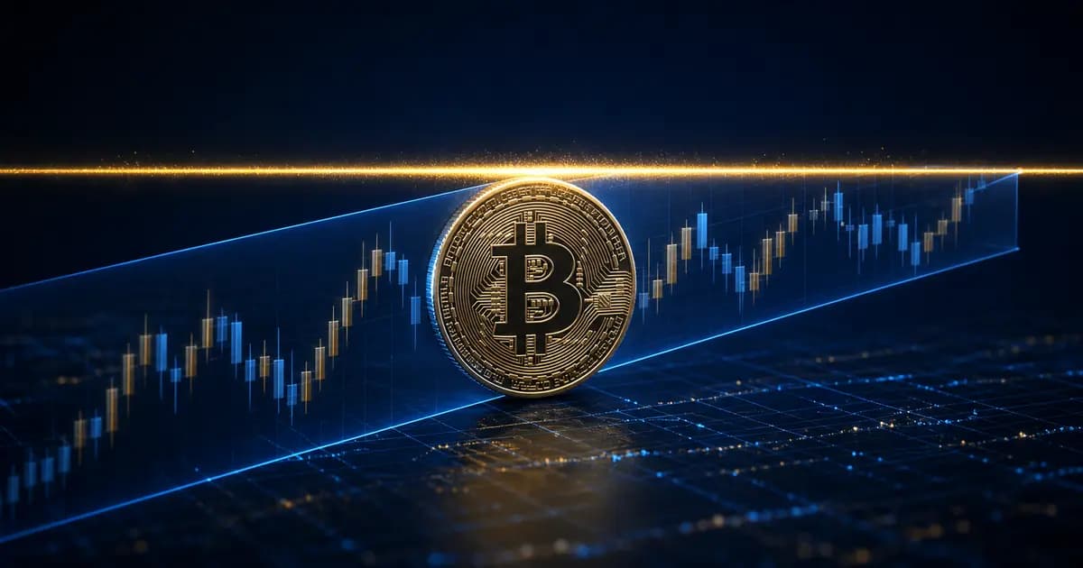A metallic Bitcoin coin resting below a glowing horizontal resistance line in a dark blue financial market scene