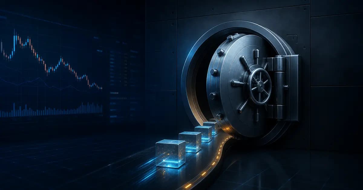 A metallic vault door closing beside a dark trading terminal and unbranded glowing asset blocks