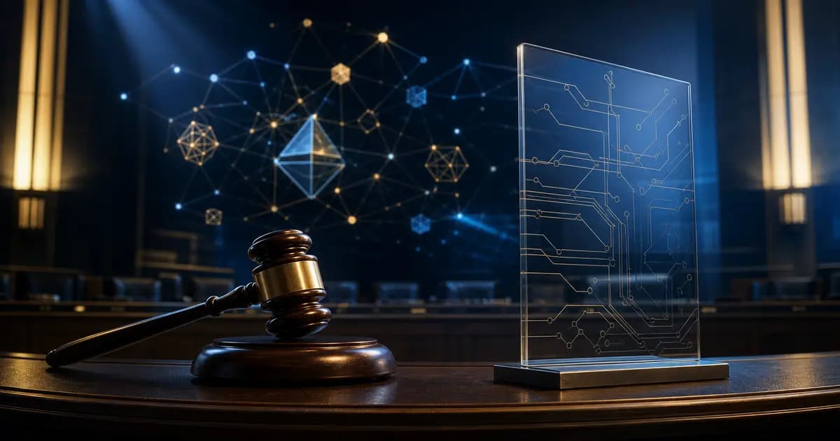 Capitol-style hearing chamber with a glowing digital asset network above a formal desk